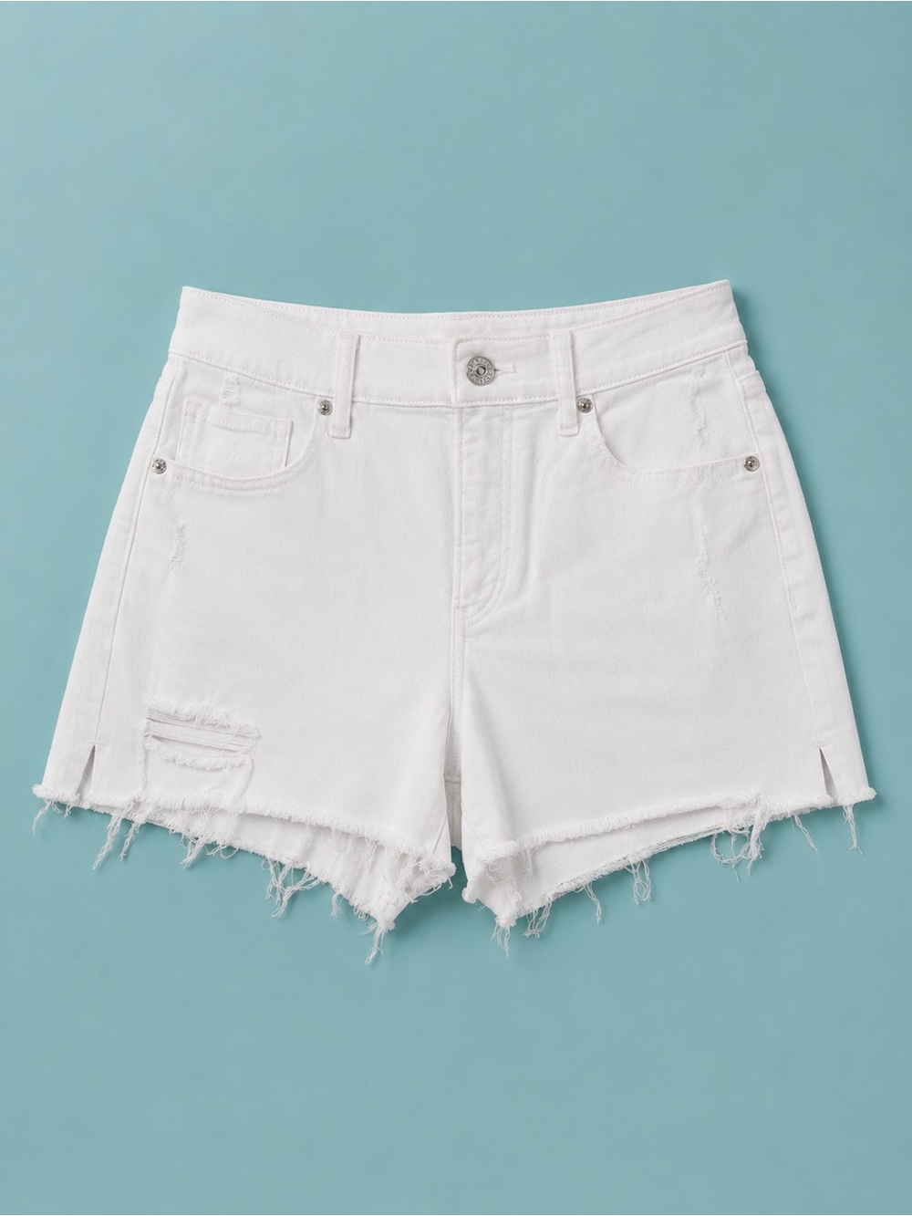 Express ’90s High Rise White Distressed Denim Shorts Size 10 Raw Hem